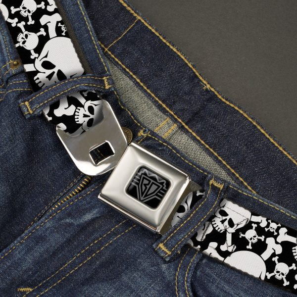 BD Wings Logo CLOSE-UP Black Silver Seatbelt Belt - Top Skulls CLOSE-UP Stacked Black White Webbing Online now - Image 2